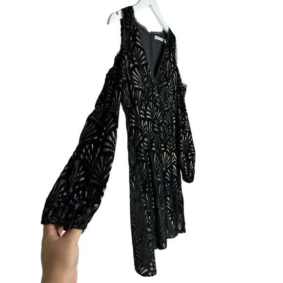 Alice + Olivia Arla Cold Shoulder Black and Gold Fit and Flare Mini Dress Size 2 - Picture 5 of 12